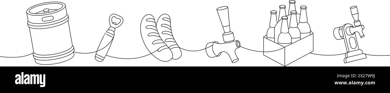 Set di birra a una linea di disegno continuo. Fusto in metallo, apribottiglie, salsicce, spillatore di birra continuo a una linea. Illustrazione lineare vettoriale. Illustrazione Vettoriale