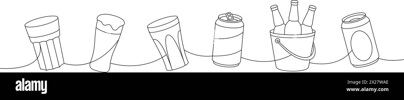 Elementi birreria da pub, disegno continuo su una riga. Bottiglie di birra, lattina, bicchiere, tazza, illustrazione continua su una linea. Illustrazione lineare vettoriale. Illustrazione Vettoriale