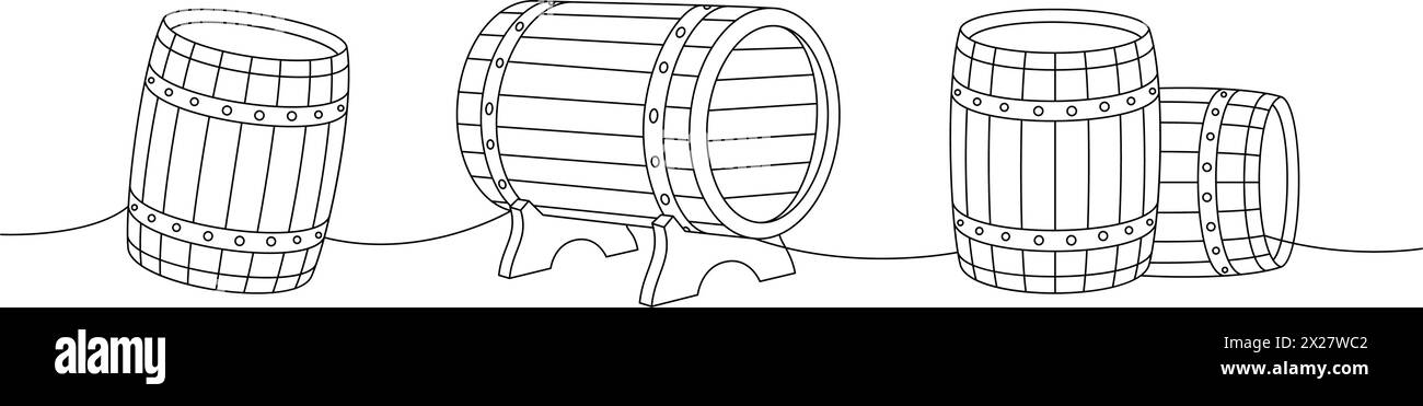 Vecchie botti di legno, disegno continuo su una linea. Illustrazione continua di una riga dei prodotti da pub della birra. Illustrazione lineare vettoriale. Illustrazione Vettoriale