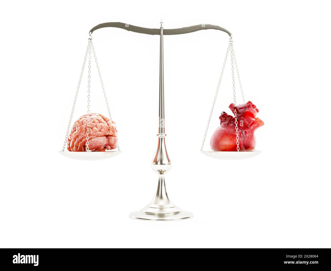 rendering 3d dell'equilibrio del piatto metallico con cervello umano e cuore umano posizionati su padelle di scala opposta su sfondo bianco Foto Stock
