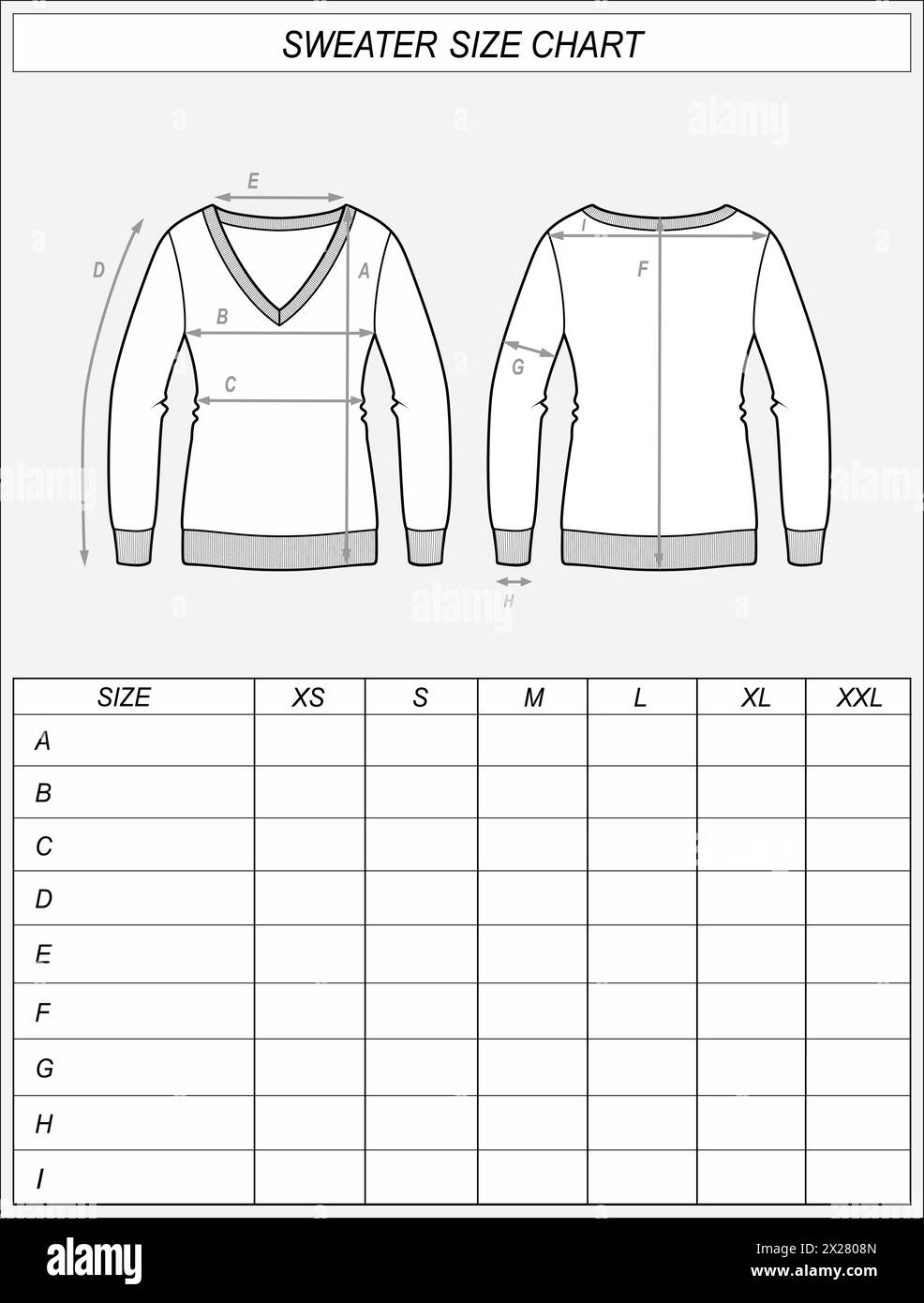 Tabella delle dimensioni dei ponticelli in maglia. Schizzo sul lato anteriore e posteriore del maglione. Misurazioni degli indumenti. Mockup CAD donna. Modello di disegno tecnico illustrazione vettoriale Illustrazione Vettoriale