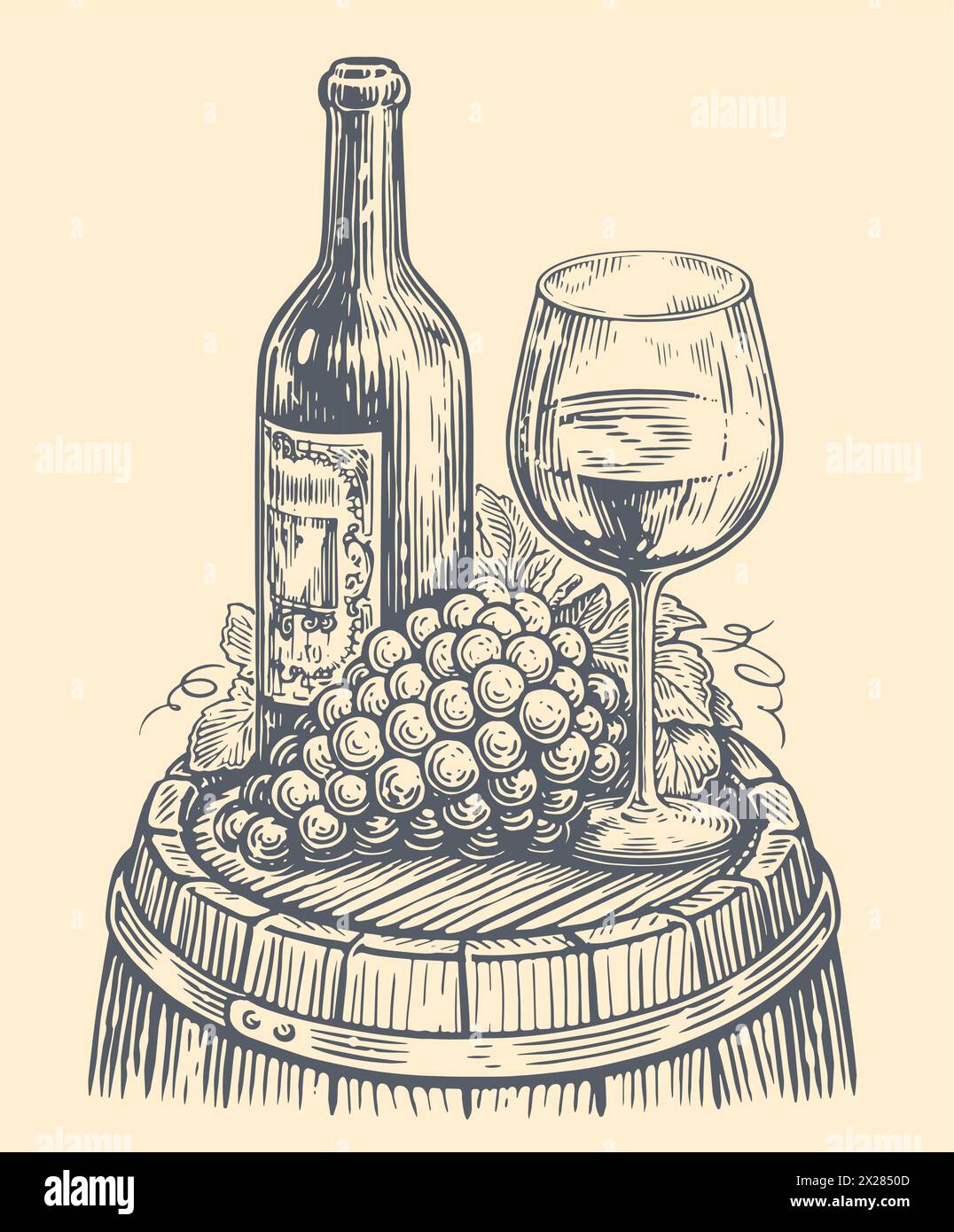 Bottiglia di vino con un bicchiere di grappolo di vino. Disegnare un'illustrazione vettoriale vintage. Azienda vinicola, vigneto Illustrazione Vettoriale