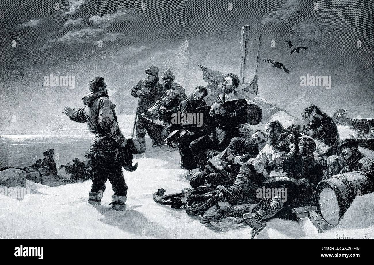 La didascalia dei primi anni '1900 recita: "NO RETREAT!", LA SPEDIZIONE POLARE AUSTRIACA DEL 1874. Questa foto, del famoso artista austriaco Von Payer, raffigura il gruppo esplorativo austriaco che ha scoperto la Terra di Francesco Giuseppe, l'arcipelago a nord dell'Asia, intitolato all'imperatore Francesco Giuseppe. Gli esploratori hanno cercato di spingersi verso il palo, e noi li vediamo rifiutarsi di abbandonare il loro sforzo eroico; ma la fame e l'esaurimento li hanno finalmente respinti". Foto Stock