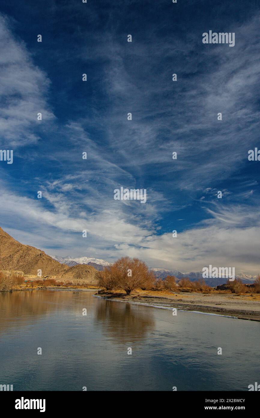 Veduta di un bellissimo paesaggio dell'Indo più ricco che scorre con un albero sulle sue rive Foto Stock