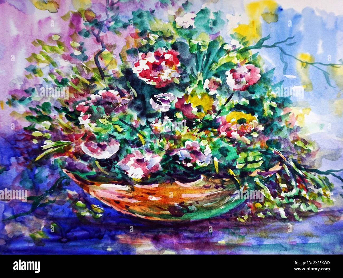 sfondi a colori astratti per design art pittura ad acquerello fiore in vaso Foto Stock