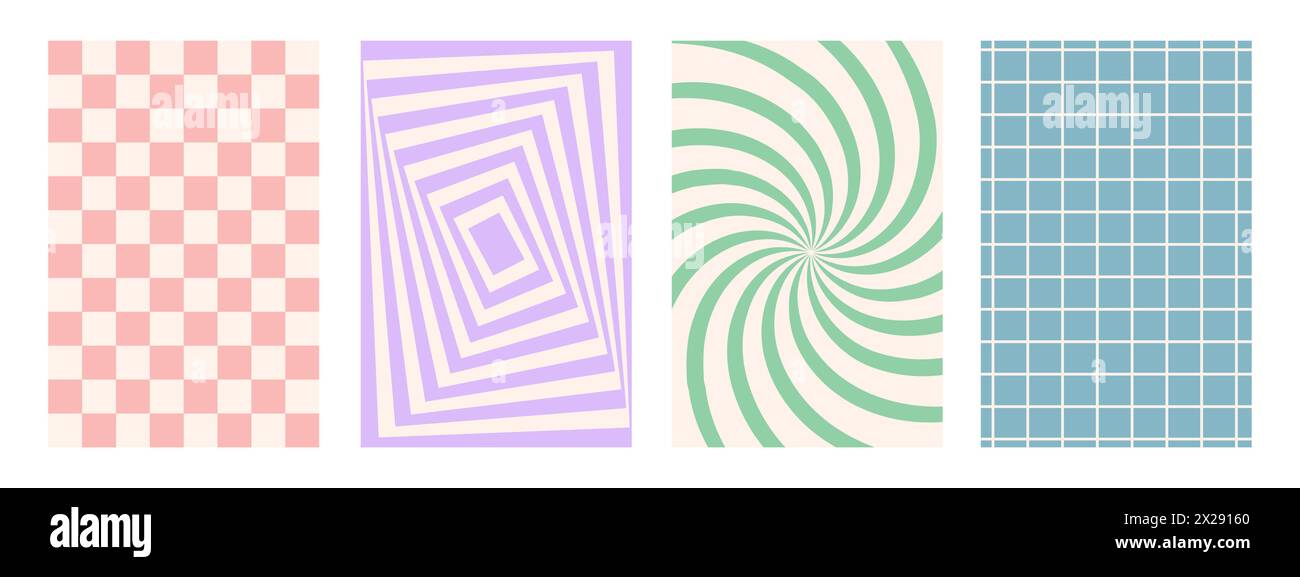 Sfondi scanalati astratti. Sfondi verticali hippie. Estetica Y2K. Design intrecciato nei colori rosa e viola. Illustrazione del vettore psichedelico retrò Illustrazione Vettoriale