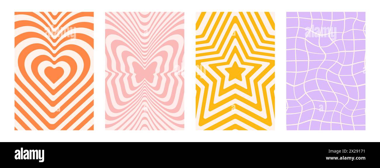 Sfondi scanalati astratti. Sfondi verticali hippie. Estetica Y2K. Design attorcigliato. Forma di cuore, farfalla e stella. Illustrazione del vettore retrò Illustrazione Vettoriale