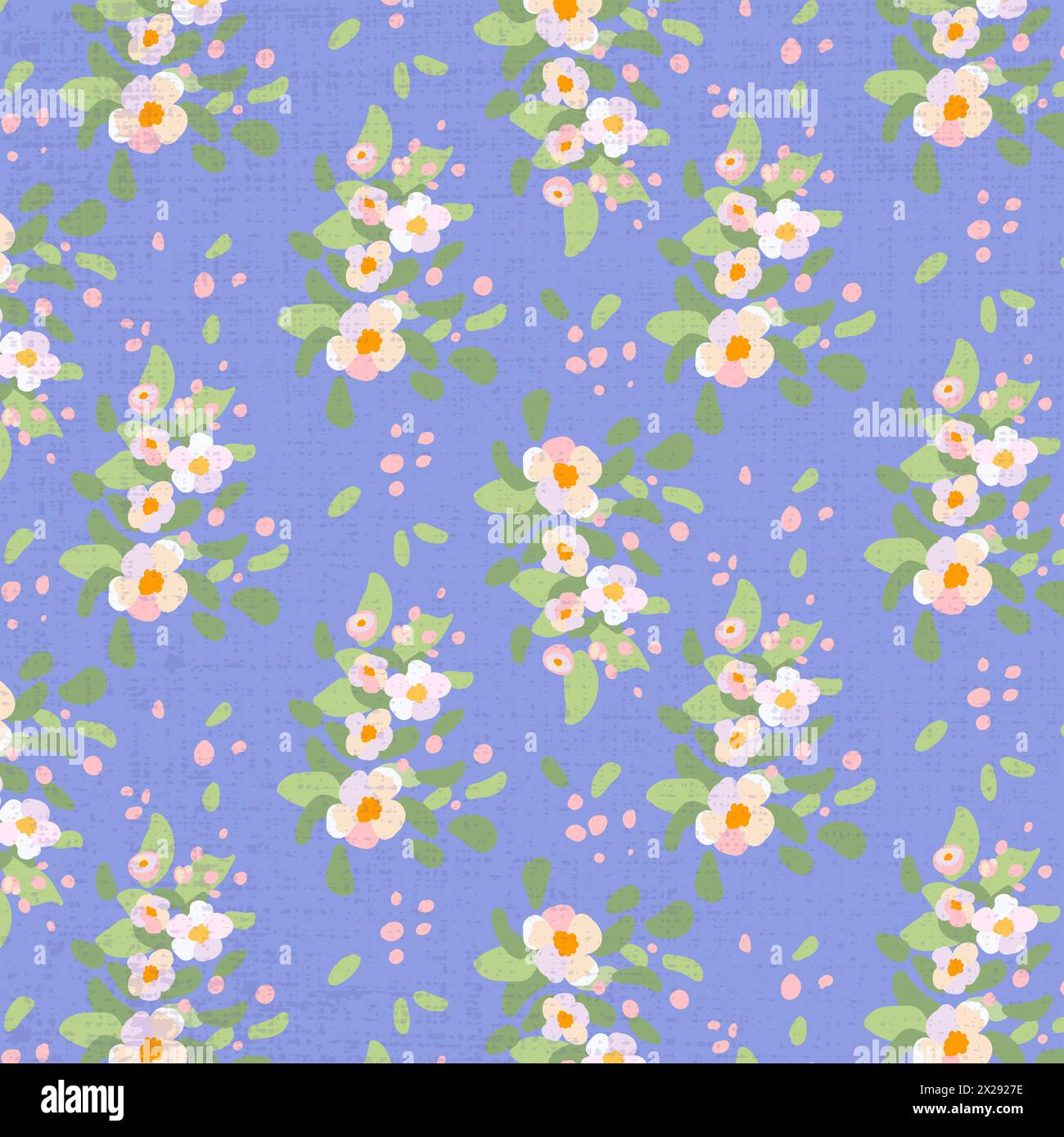Motivo senza cuciture fiori tradizionali ramo di melo sfondo blu trama disegnata a mano petali bianchi folcloristici foglie margherita verdi ornamento luminoso illustrazione piatta vettoriale Illustrazione Vettoriale