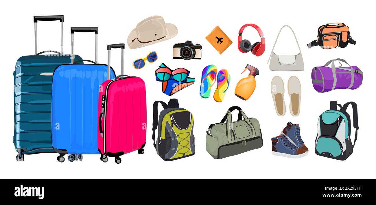 Set di valigie e accessori per viaggiare. Illustrazione Vettoriale