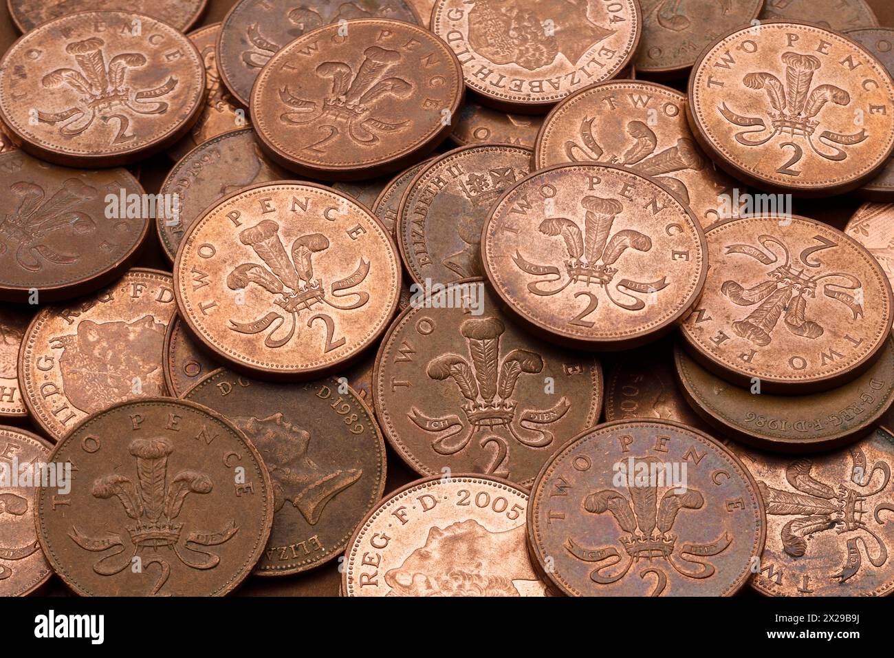 Monete inglesi da due pence Foto Stock