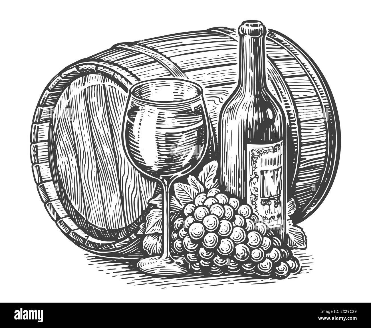 Bottiglia di vino, bicchiere di vino e botte di legno. Stile di incisione vintage per illustrazioni vettoriali Illustrazione Vettoriale