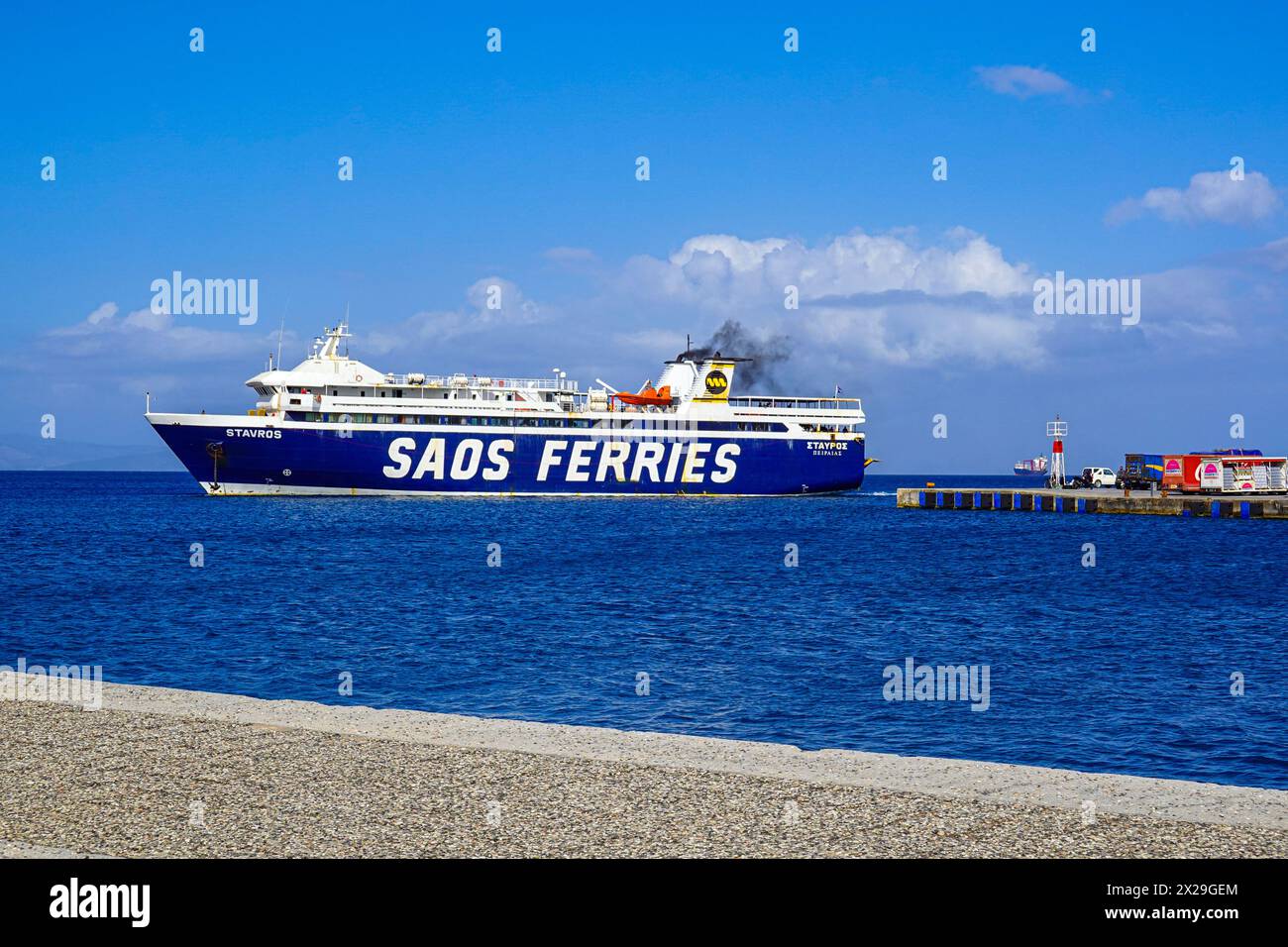 Traghetto Stavros, SAOS Ferries, attracco alla popolare destinazione turistica di Kos, Kos Town, Kos Island, Grecia Foto Stock