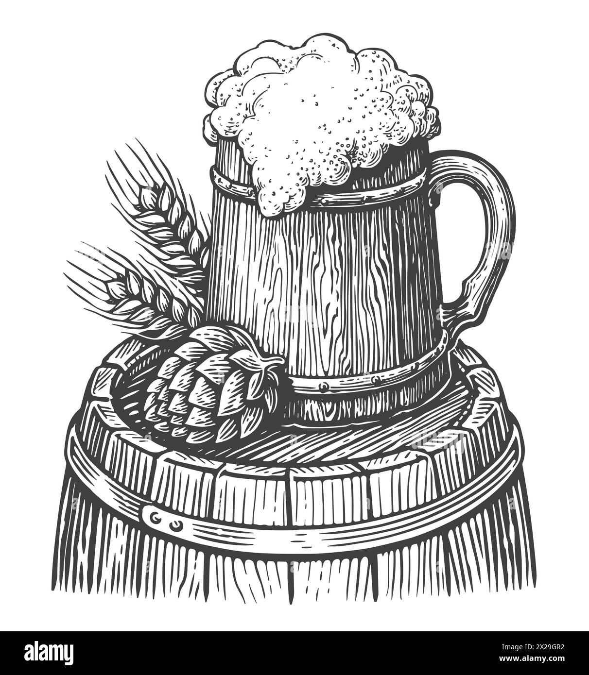 Tazza in legno di birra in stile trafilato a inchiostro. Schizzo di illustrazione vettoriale isolato su bianco Illustrazione Vettoriale