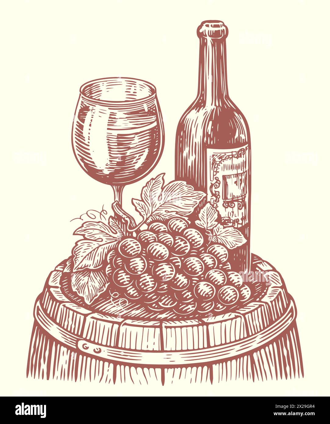 Bottiglia di vino e bicchiere di vino su botte di legno. Winery, vignetta del vigneto. Illustrazione vettoriale vintage Illustrazione Vettoriale