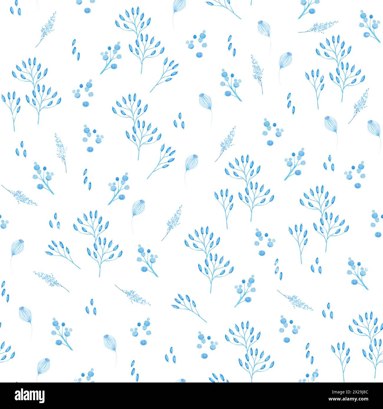 Illustrazione con motivo vegetale senza cuciture con rami e foglie blu su sfondo bianco. Tema primavera ed estate. Foto Stock