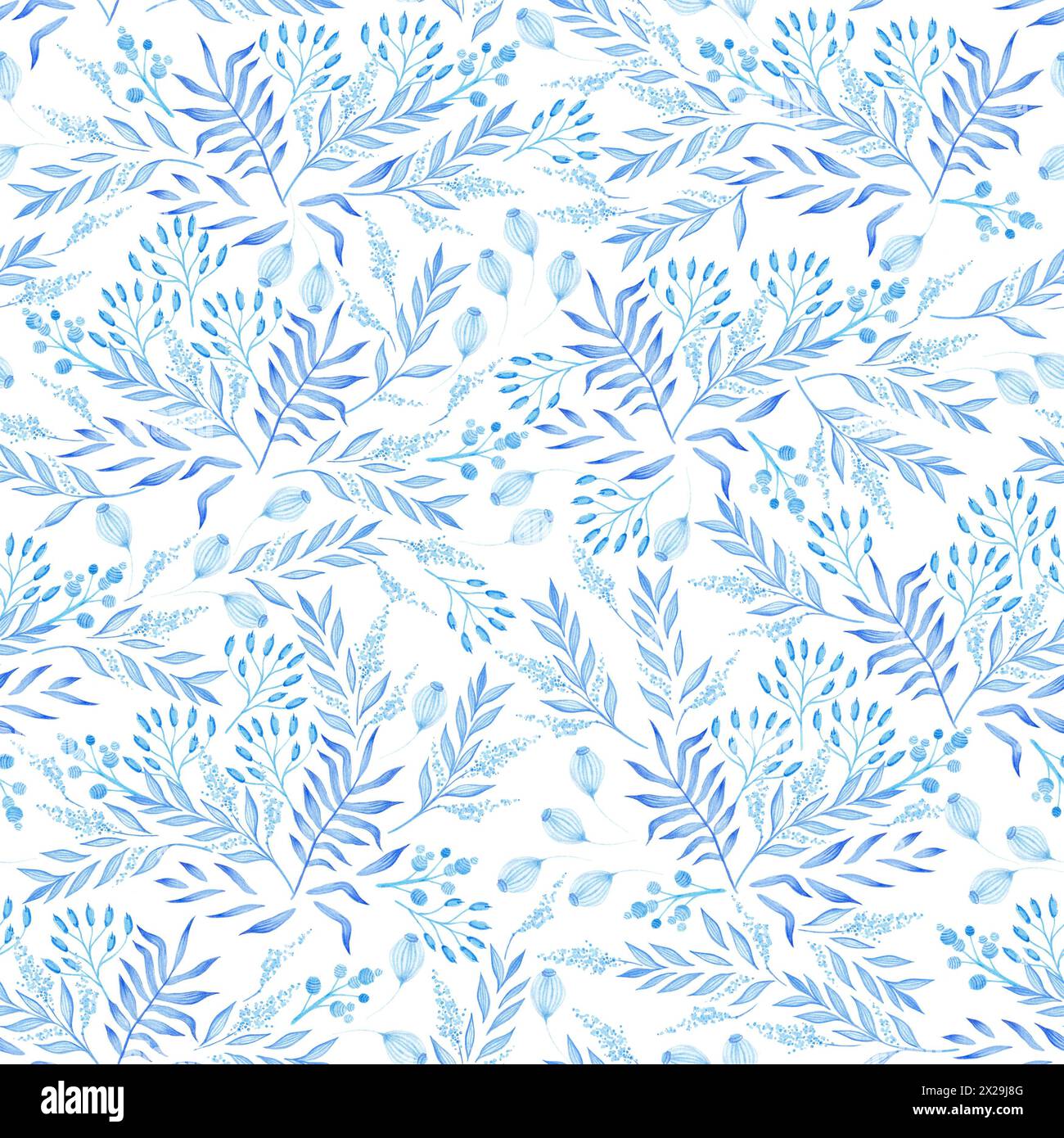 Illustrazione con motivo vegetale senza cuciture con rami e foglie blu su sfondo bianco. Tema primavera ed estate. Foto Stock