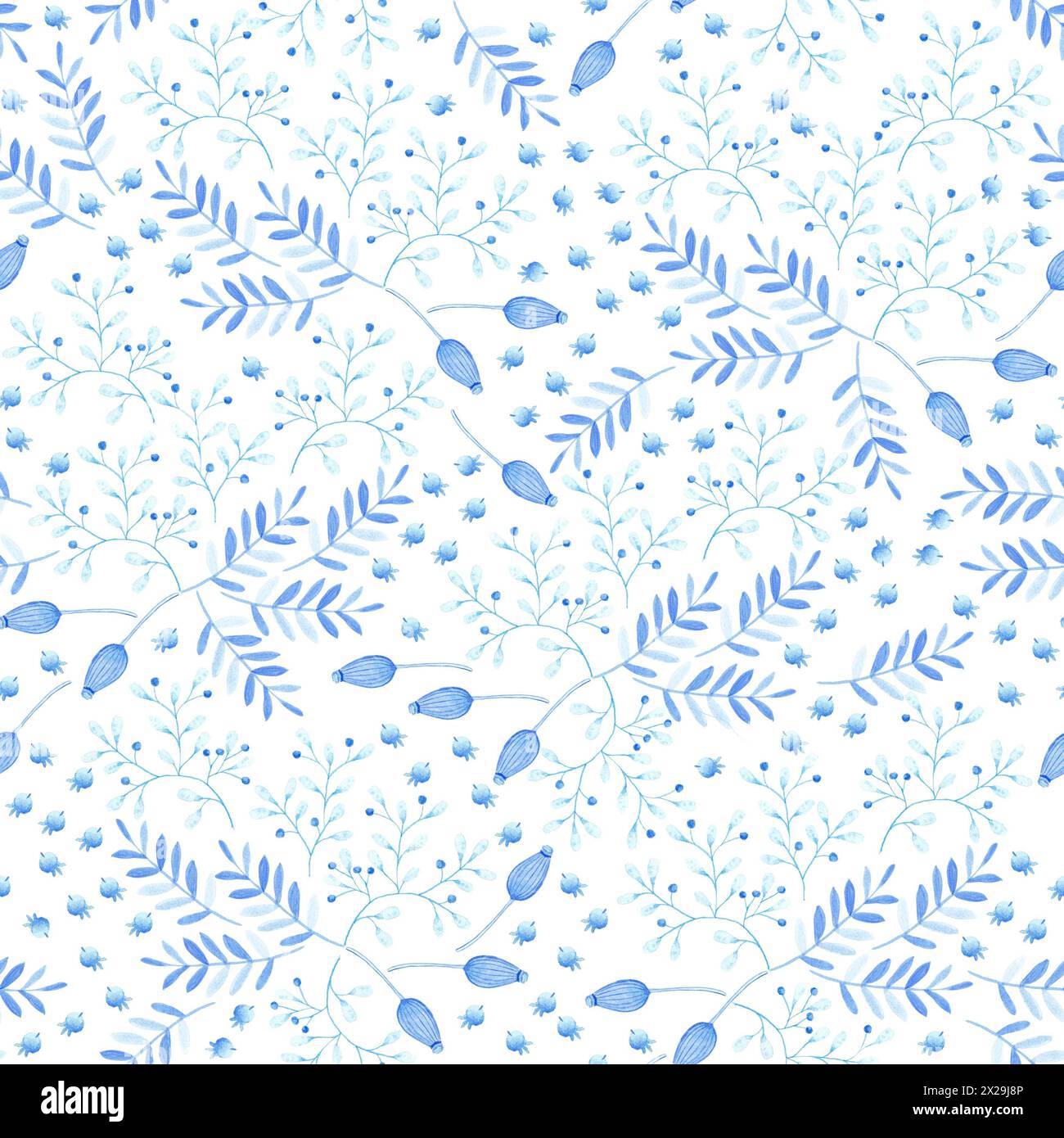 Illustrazione a motivi botanici senza cuciture con rami blu e azzurri , foglie e fiori selvatici su sfondo bianco. Tema primavera ed estate. Foto Stock