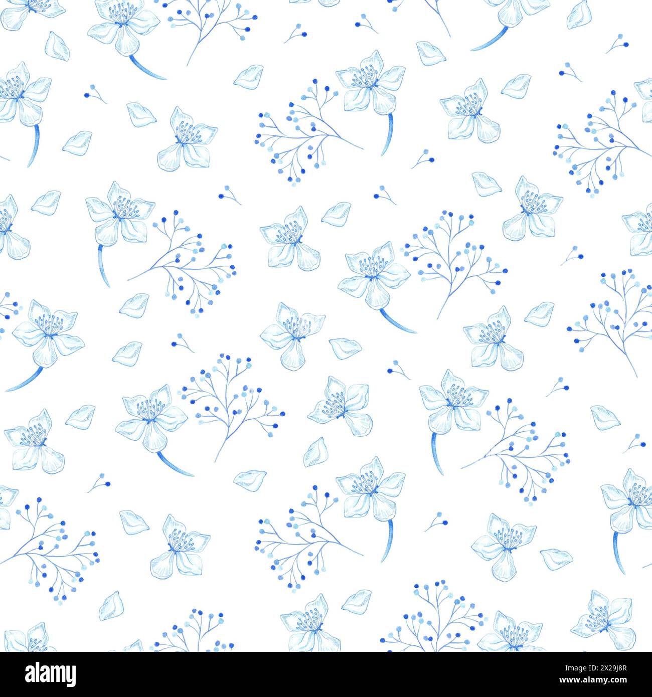 Illustrazione a motivi botanici senza cuciture con rami blu e azzurri, foglie e fiori di ciliegio su sfondo bianco. Tema primavera ed estate. Foto Stock