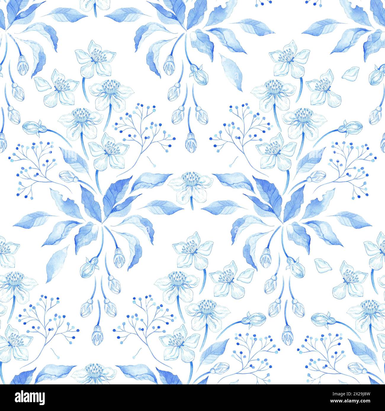 Illustrazione a motivi botanici senza cuciture con rami blu e azzurri, foglie e fiori di ciliegio su sfondo bianco. Tema primavera ed estate. Foto Stock