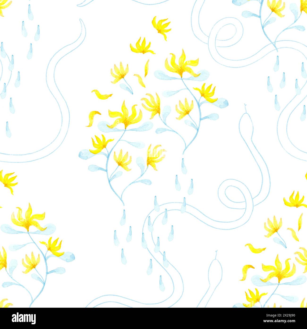 Illustrazione a motivi botanici senza cuciture con rami e fiori gialli su sfondo bianco. Tema primavera ed estate. Foto Stock