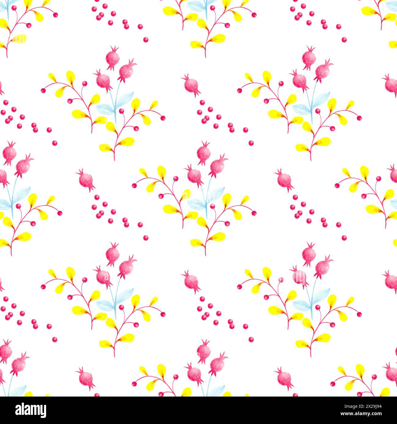 Illustrazione a motivi botanici senza cuciture con rami e fiori gialli su sfondo bianco. Tema primavera ed estate. Foto Stock