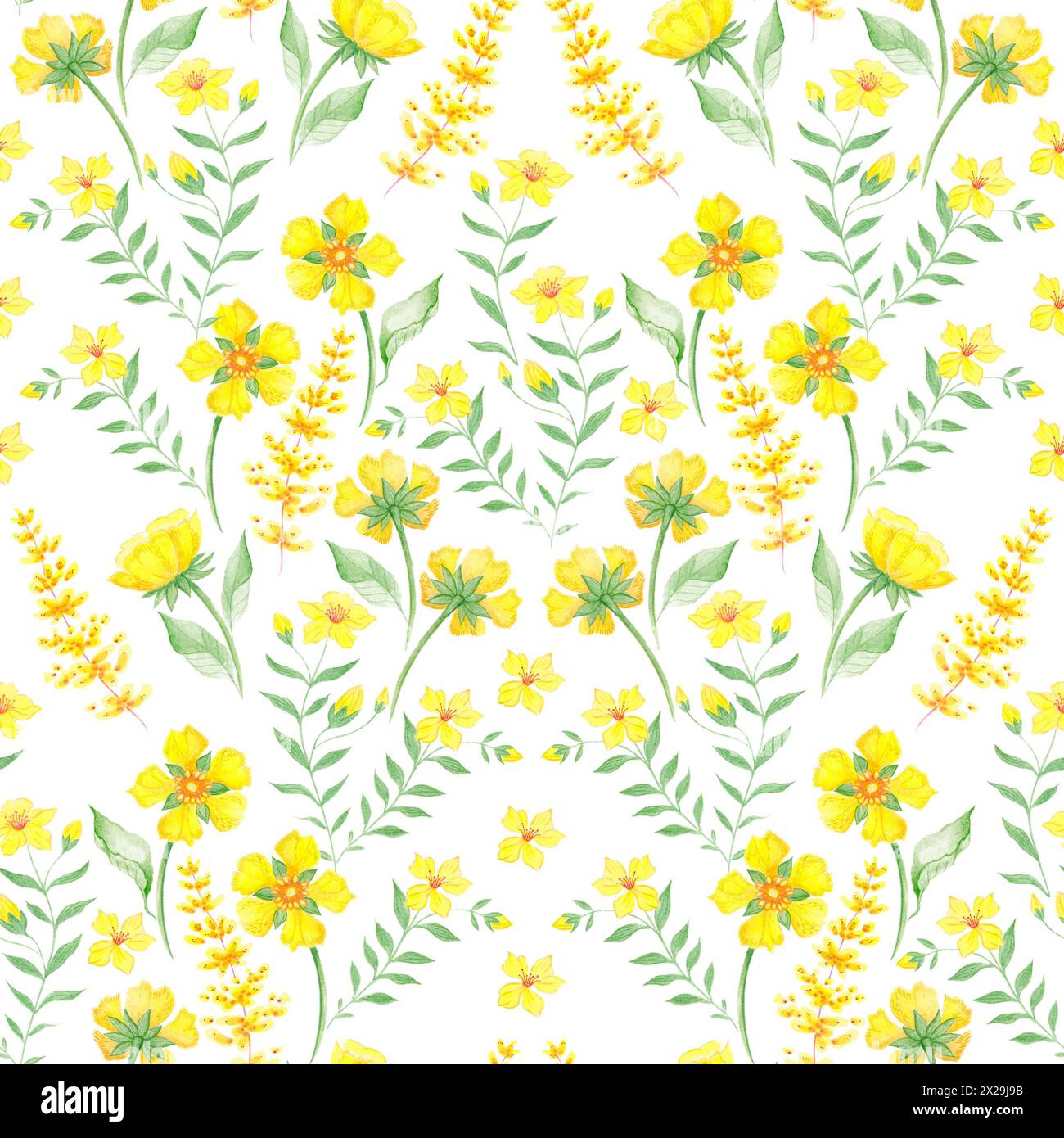 Illustrazione a motivi botanici senza cuciture con rami verdi e fiori gialli su sfondo bianco. Tema primavera ed estate. Foto Stock