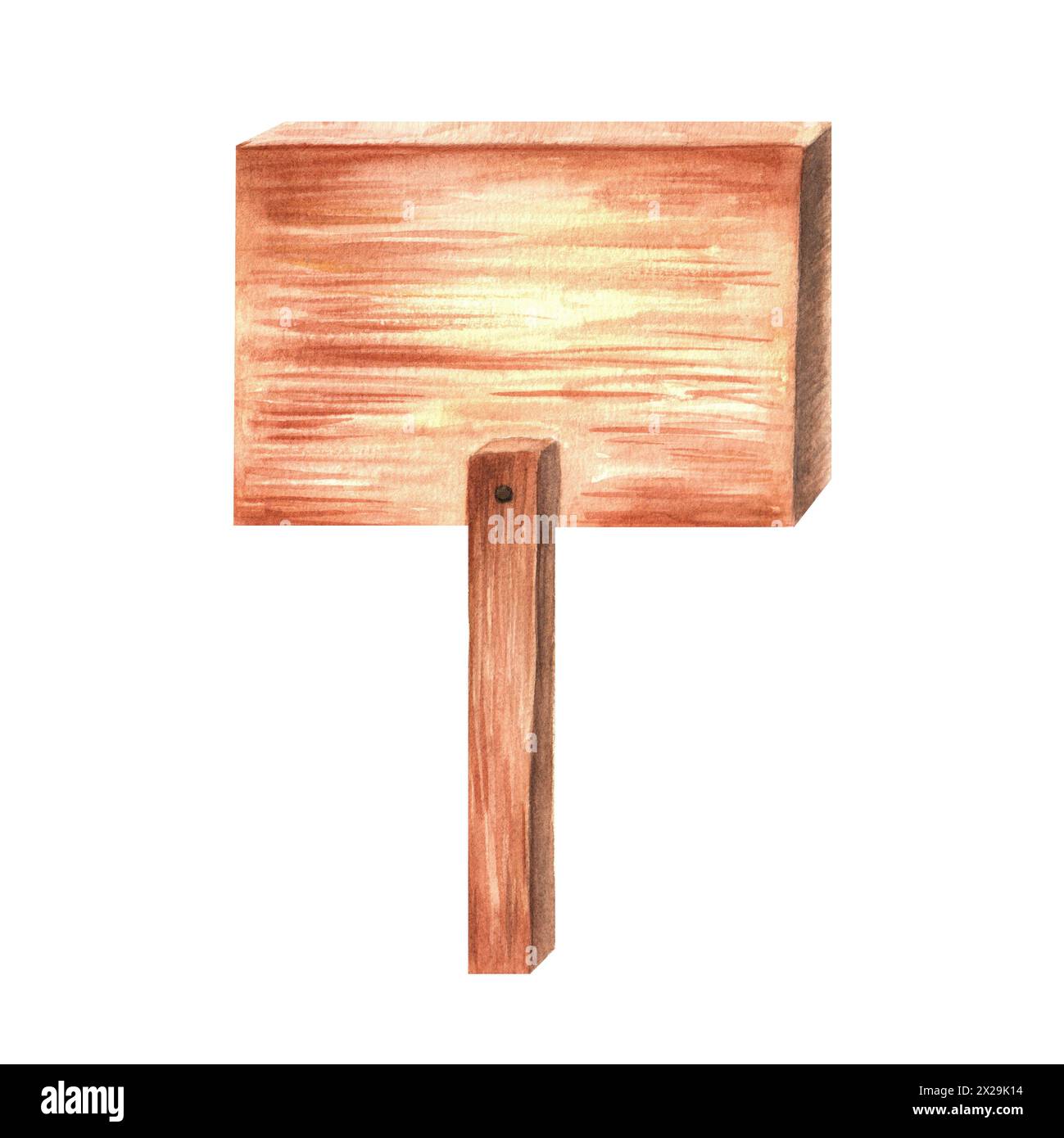 Illustrazione ad acquerello disegnata a mano. Tavoletta in legno per insegna da giardino. Elemento di design con struttura in legno Foto Stock