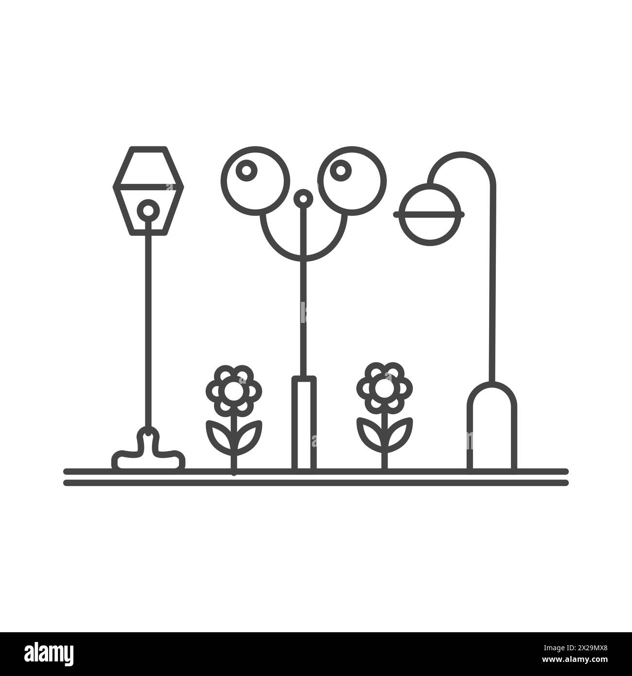 Parco cittadino con luci stradali, illustrazione vettoriale dell'icona della linea urbana pubblica Illustrazione Vettoriale