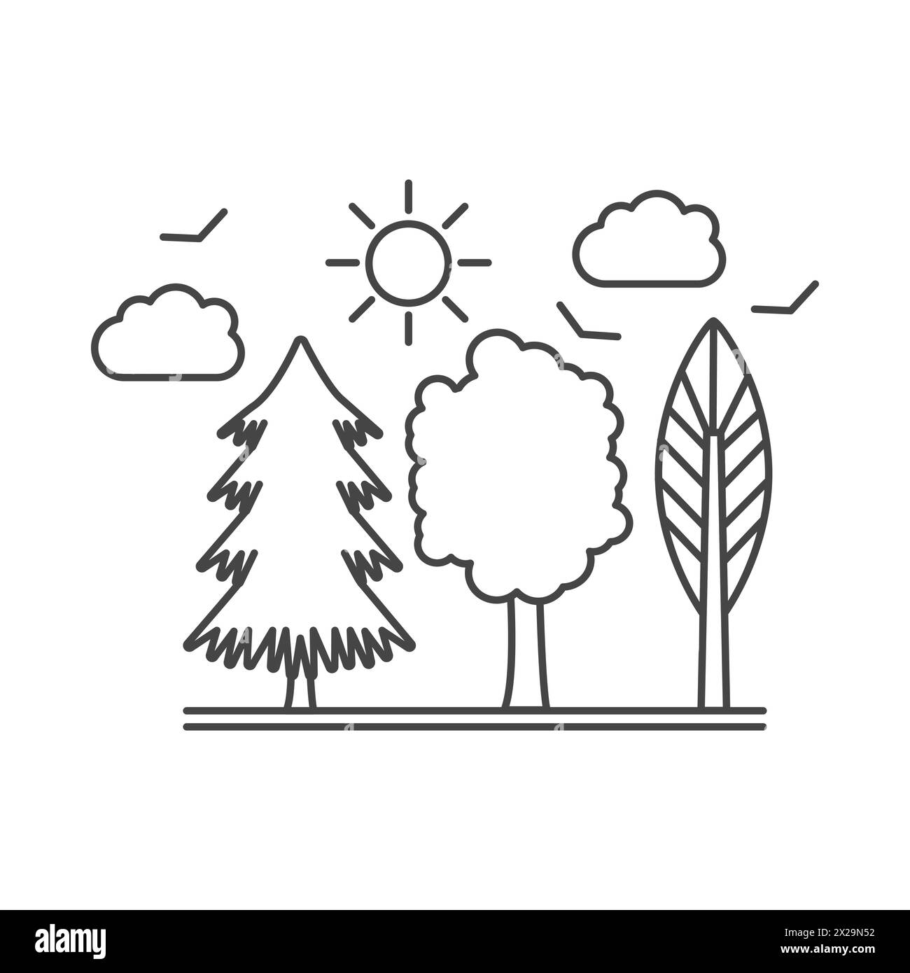 Parco cittadino o foresta con alberi, icona della linea di boschi estivi e illustrazione vettoriale del sole Illustrazione Vettoriale