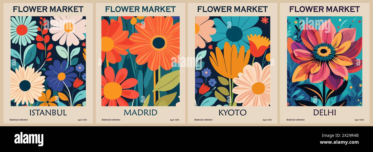 Serie di poster astratti per il mercato dei fiori. Arte murale botanica alla moda con design floreale in colori vivaci e luminosi. Decorazioni interne moderne e originali Illustrazione Vettoriale