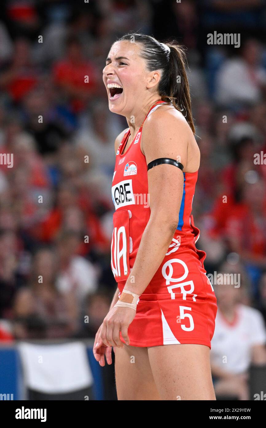 21 aprile 2024; Ken Rosewall Arena, Sydney, NSW, Australia: Suncorp Super Netball , New South Wales Swifts contro Melbourne Mavericks; Maddy orgogliosa dei NSW Swifts Foto Stock