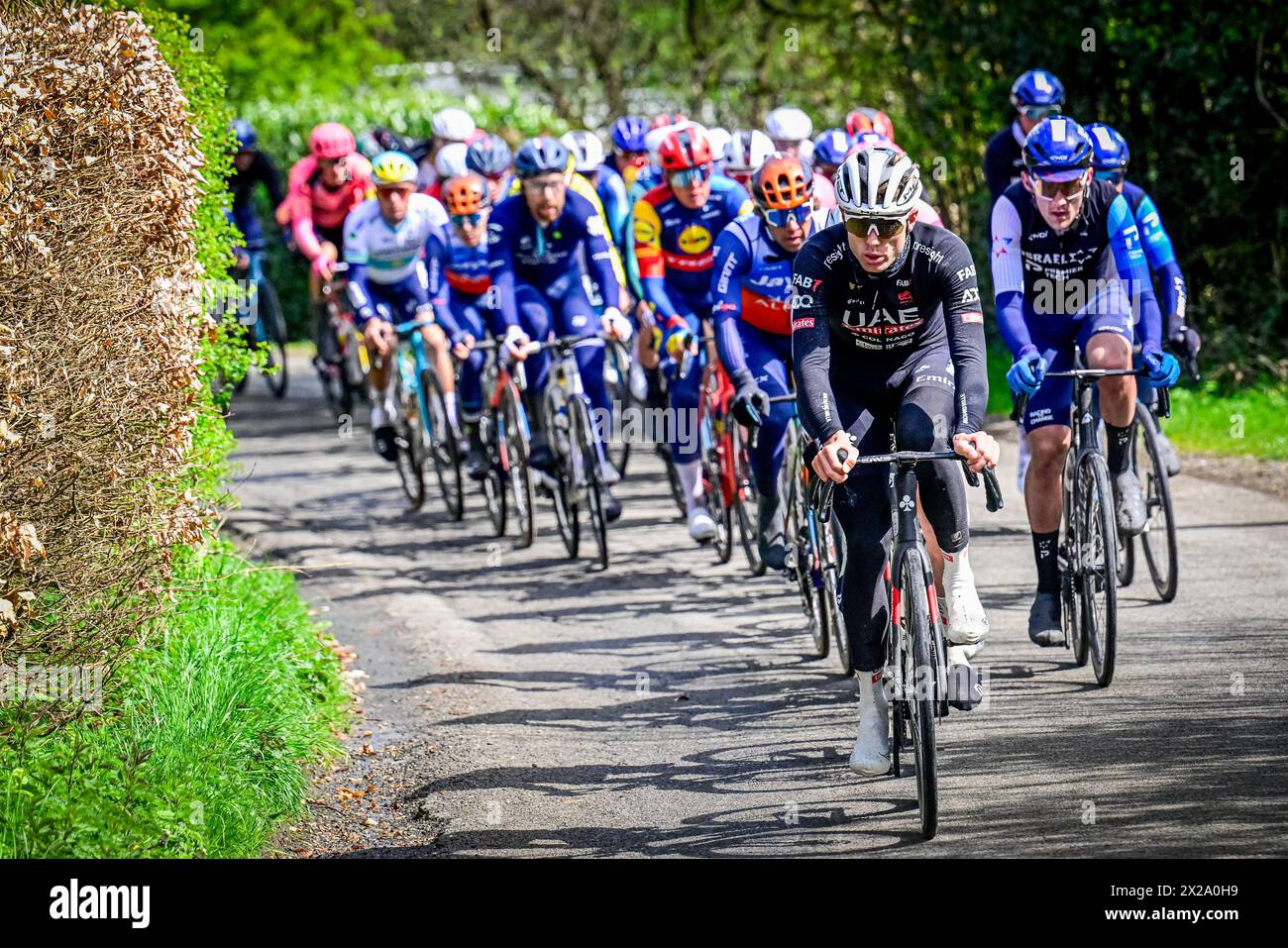 Liegi, Belgio. 21 aprile 2024. Il branco di piloti fotografati in azione durante la gara d'élite maschile della Liegi-Bastogne-Liegi, evento ciclistico di un giorno, 254, a 5 km da Liegi, da Bastogne a Liegi, domenica 21 aprile 2024. BELGA FOTO DIRK WAEM credito: Belga News Agency/Alamy Live News Foto Stock