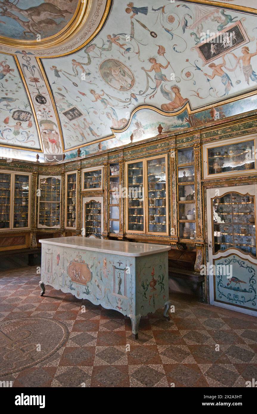 L'antica farmacia (XVIII secolo) della Certosa Trisulti con volta affrescata da Giacomo Manco in stile pompeiano, Collepardo, Lazio, Italia Foto Stock