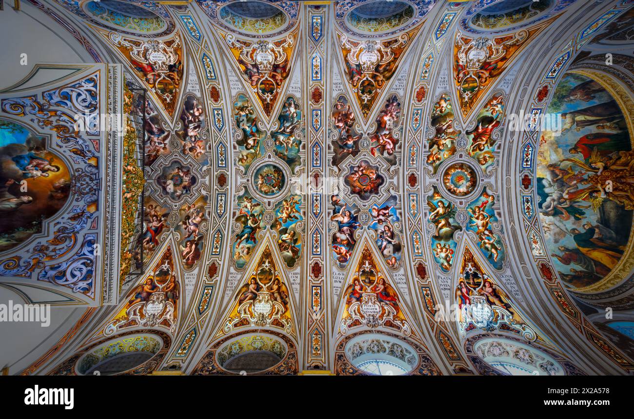 Bóveda de cañón profusamente decoradas en la capilla doméstica o de novicios en la antigua iglesia jesuita de San Luis de los Franceses, Siviglia. Foto Stock