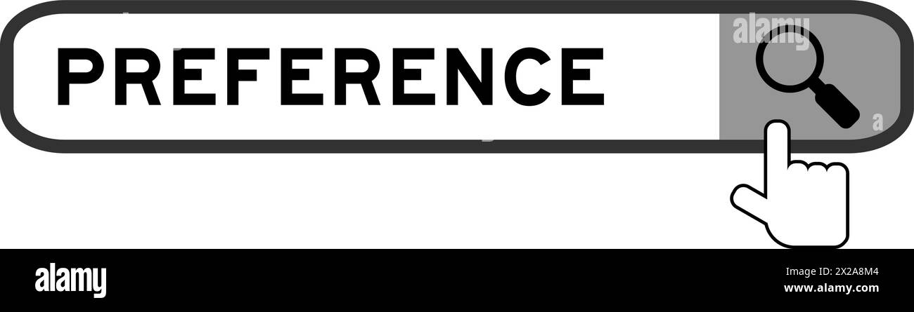 Cerca banner con preferenza parola con icona della lente di ingrandimento a mano su sfondo bianco Illustrazione Vettoriale
