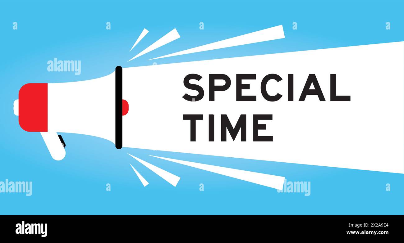 Icona megafono a colori con scritta Special Time su sfondo blu Illustrazione Vettoriale
