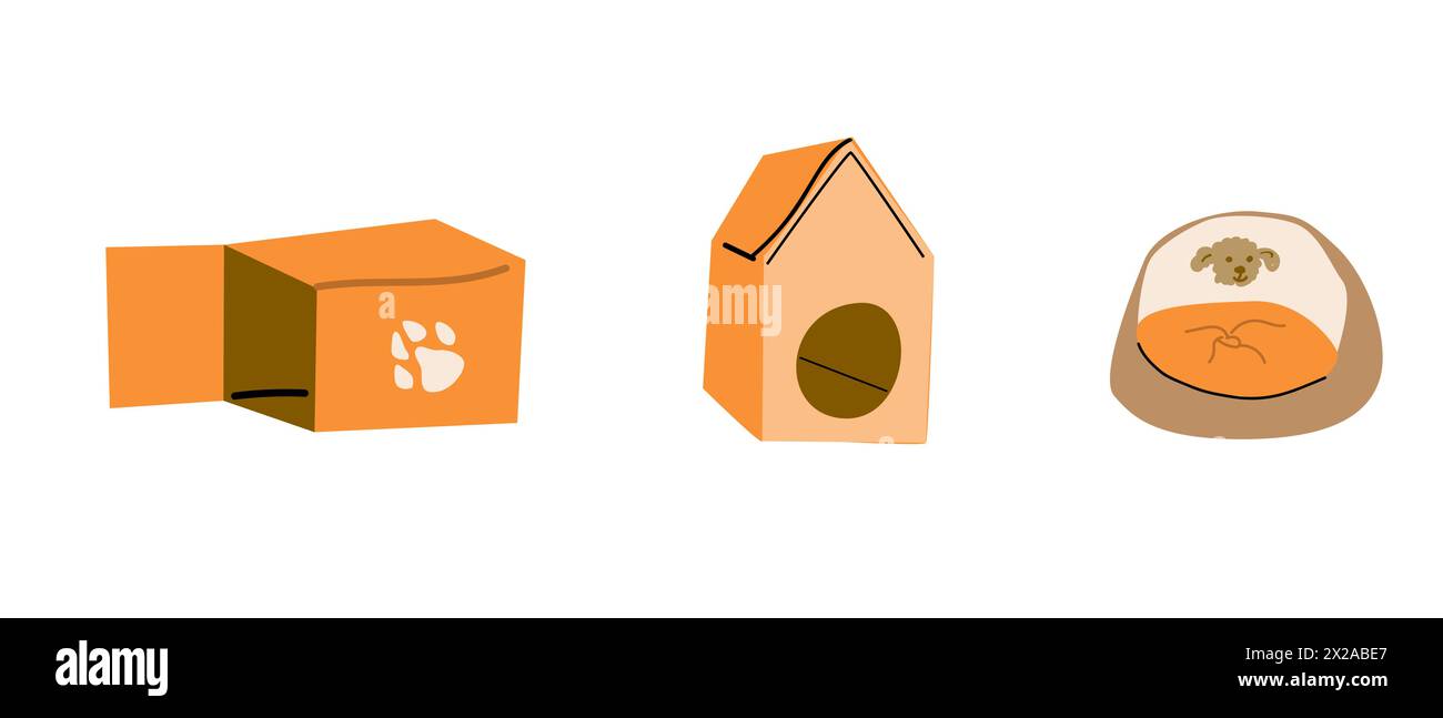 Un letto per un animale domestico, un cane, una casa, un trasportino per animali domestici, un piccolo cucciolo per cani. Illustrazione vettoriale. Oggetti isolati su sfondo bianco, stile cartone animato Illustrazione Vettoriale