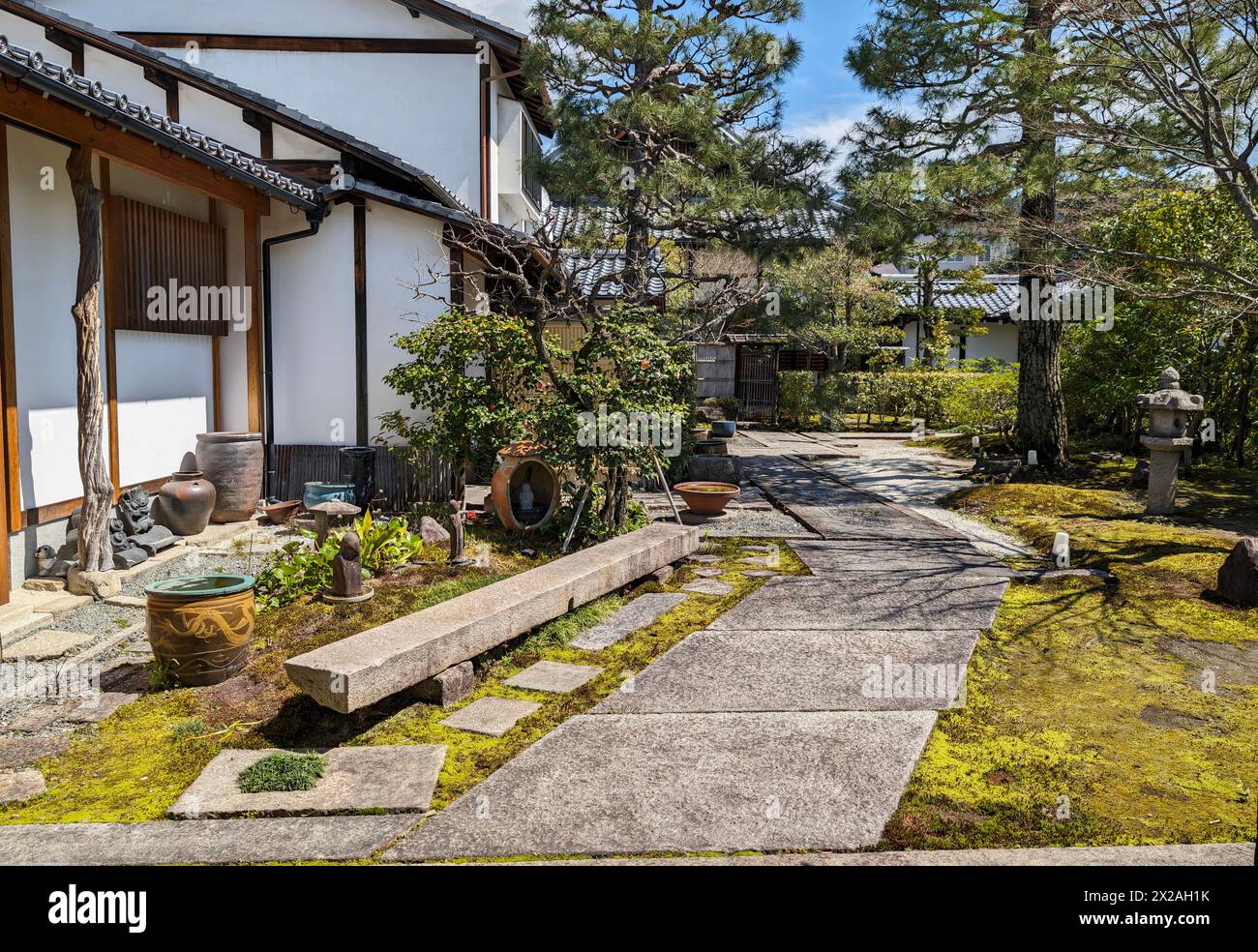 Un sentiero attraverso un parco con pini e case a kyoto Foto Stock