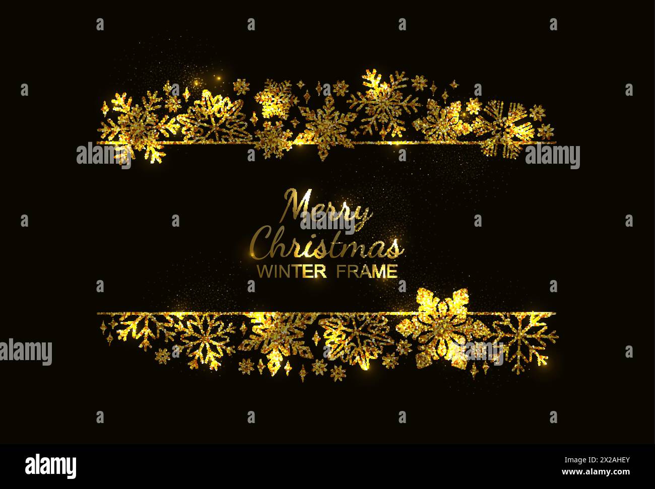 Cornice glitter oro con fiocco di neve, decorazione su sfondo nero, design natalizio per biglietto d'invito o cartolina. Illustrazione vettoriale, allegro Natale neve f Illustrazione Vettoriale