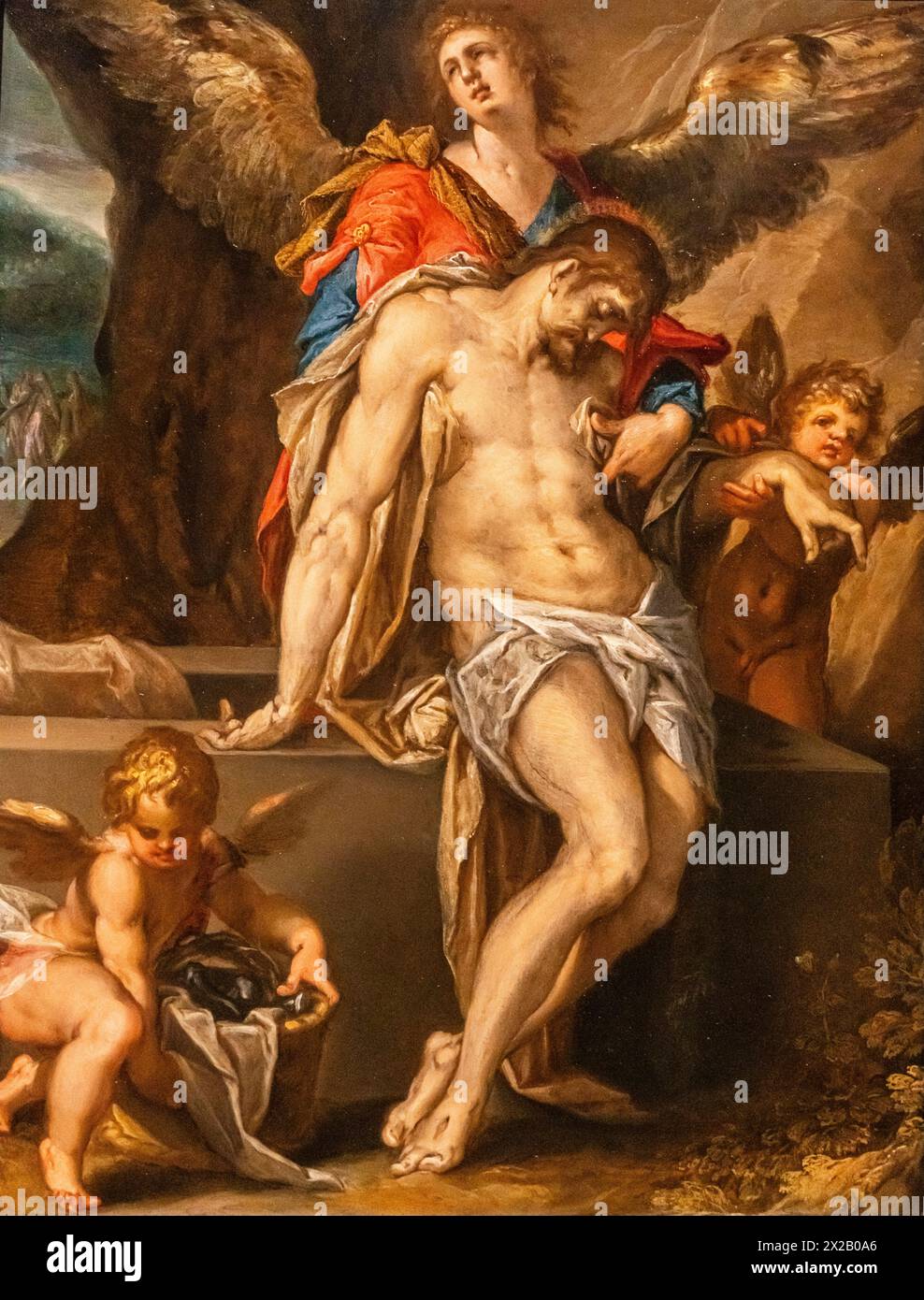 The Dead Christ supported by Angels ( Pietà with Angels), Bartholomeus Spranger, Oil on cooper, 1587, Amsterdam, paesi Bassi Foto Stock