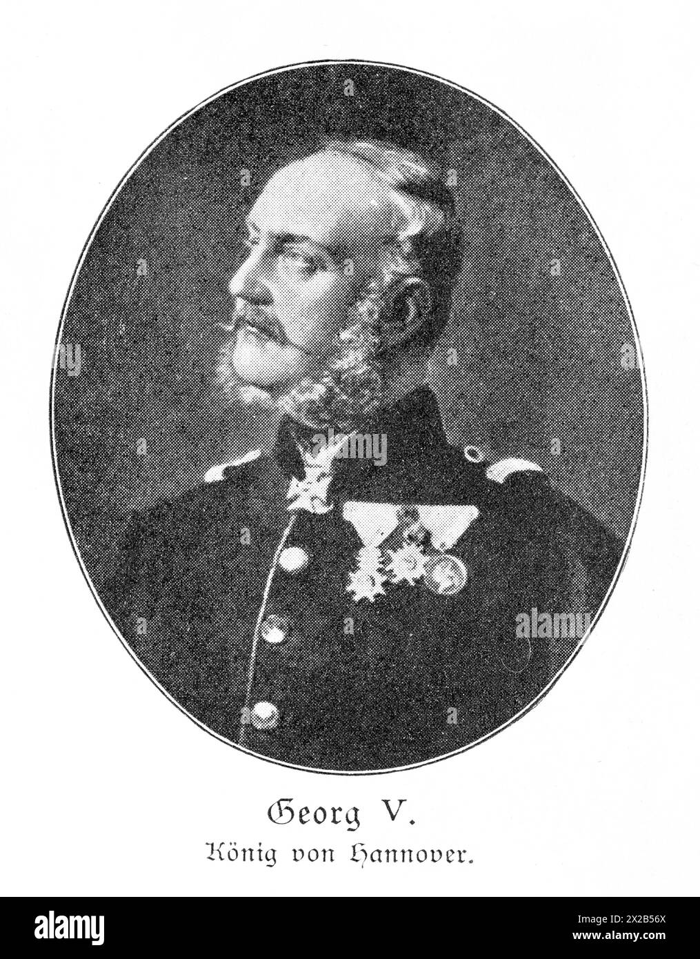 Ritratto storico di Giorgio V, re di Hannover, ritratto di un uomo in uniforme militare con barba e molte medaglie e decorazioni, facciale espressivo Foto Stock