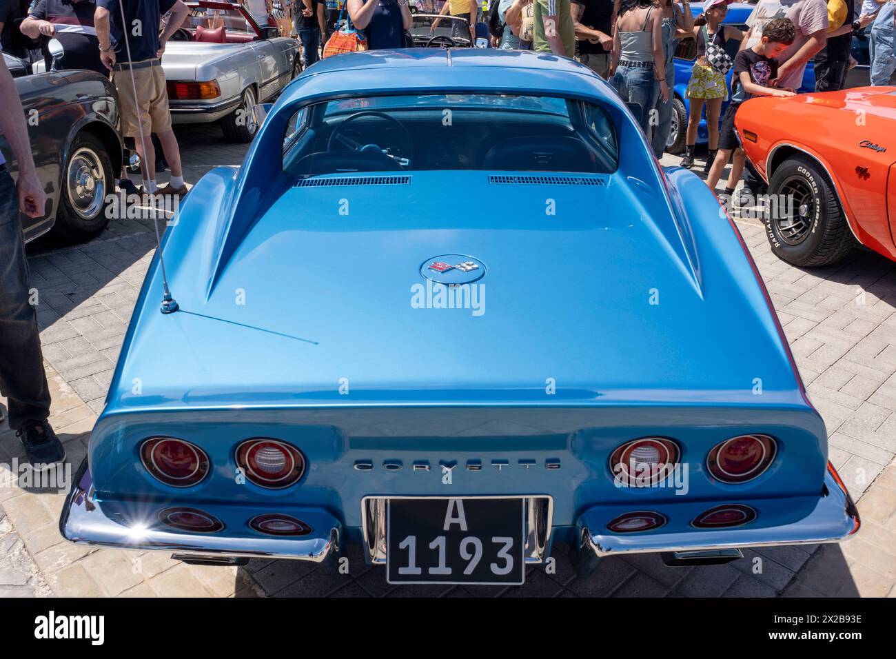 Blue Chevrolet Corvette Stingray, Paphos Classic Vehicle Club Harbour Show, Paphos, Cipro Foto Stock