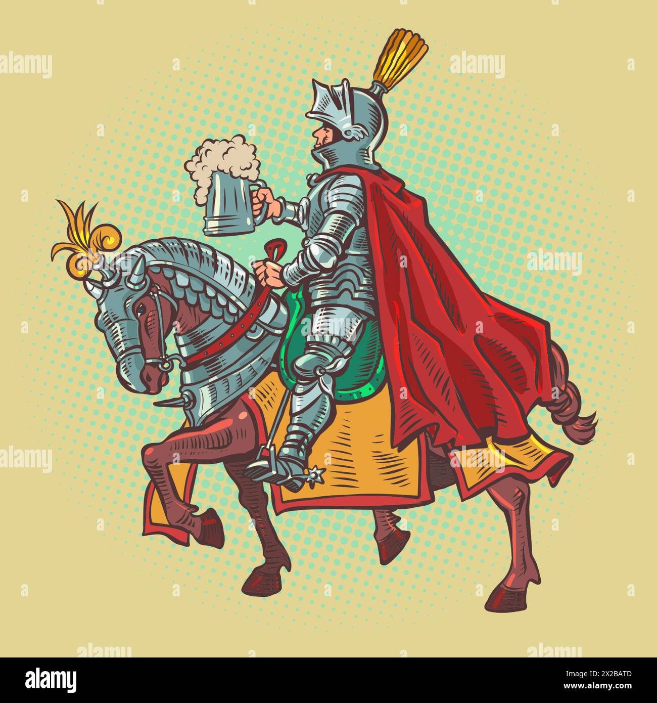 Un cavaliere armato su un cavallo corazzato tiene una tazza di birra schiumosa. Menu alcolici in taverna, pub o ristorante. Un drink medievale nel mondo moderno. Co Illustrazione Vettoriale