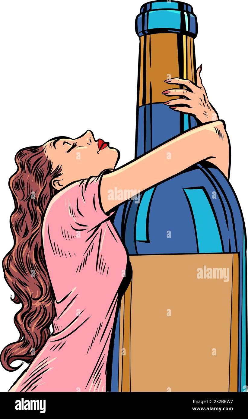 Una donna abbraccia una bottiglia di alcol. Offerte esclusive in un bar, pub o ristorante. Banner per la promozione relativa al vino. Fumetti cartoon pop art retrò Illustrazione Vettoriale