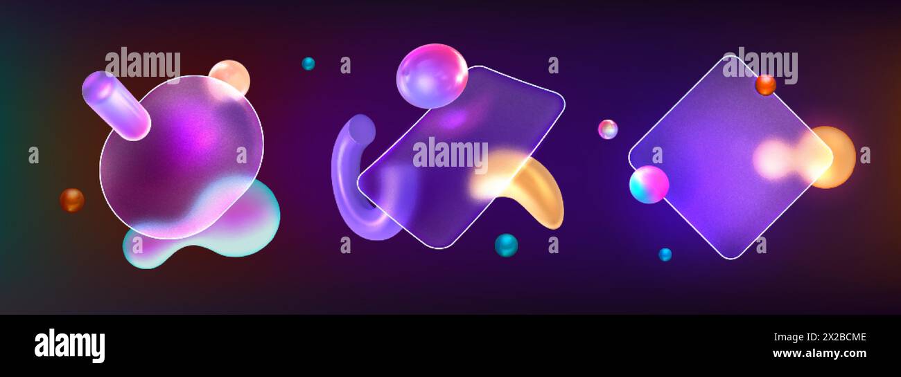 Telai smerigliati trasparenti con forme geometriche astratte al neon 3d in stile morfismo del vetro. Piastre in plexiglass Glassmorfismo con effetto sfocatura. Forme fluide fluttuanti realistiche sotto elementi di progettazione opachi Illustrazione Vettoriale