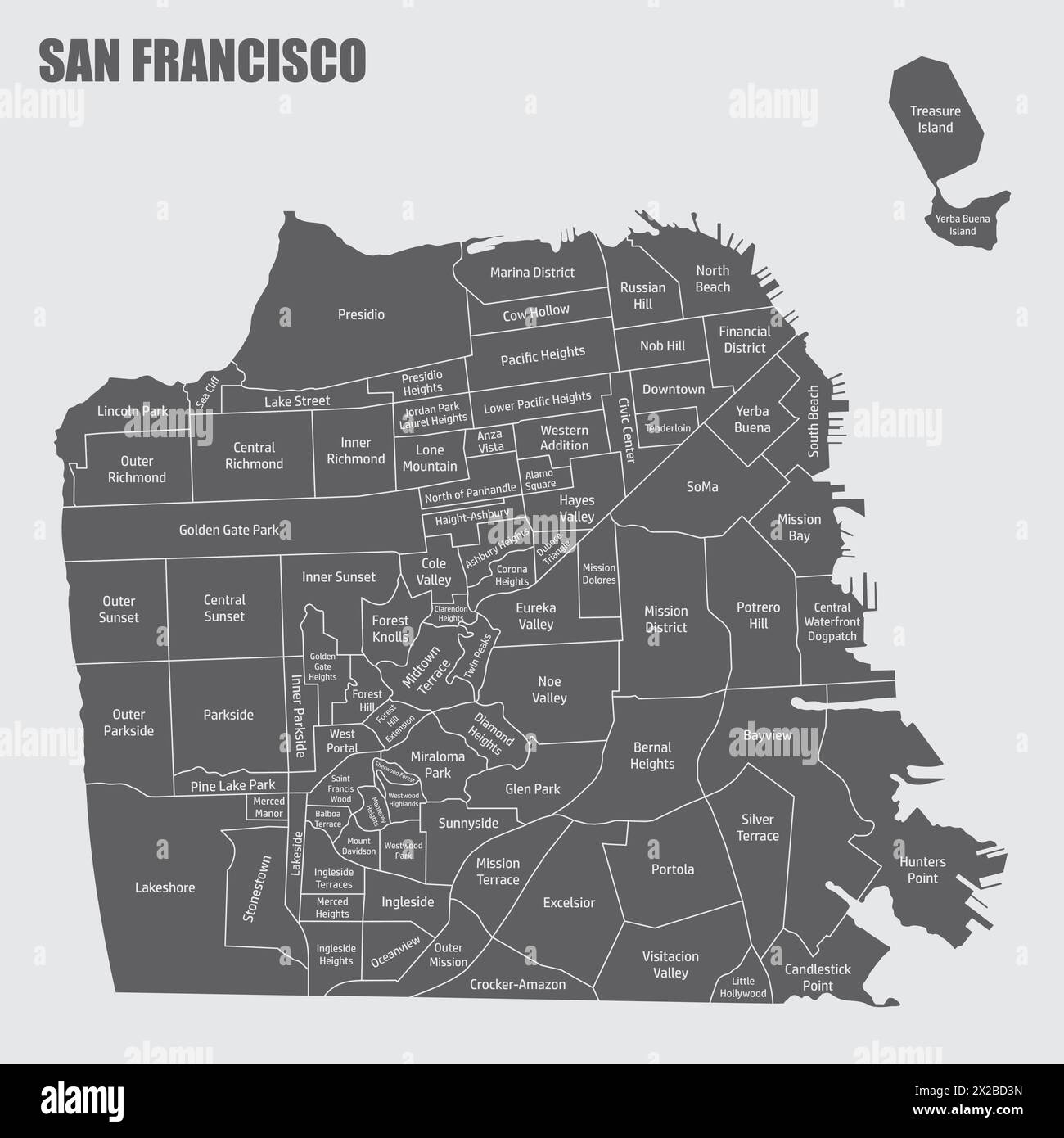 La mappa amministrativa della città di San Francisco con etichette, California, USA Illustrazione Vettoriale