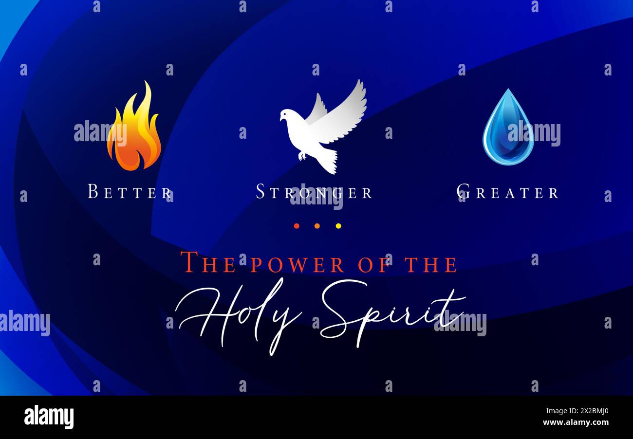 La potenza dello Spirito Santo, bandiera della domenica di Pentecoste con fiamma, colomba, simboli d'acqua. Migliore, più forte, più grande - concetto cristiano. Scheda vettoriale Illustrazione Vettoriale