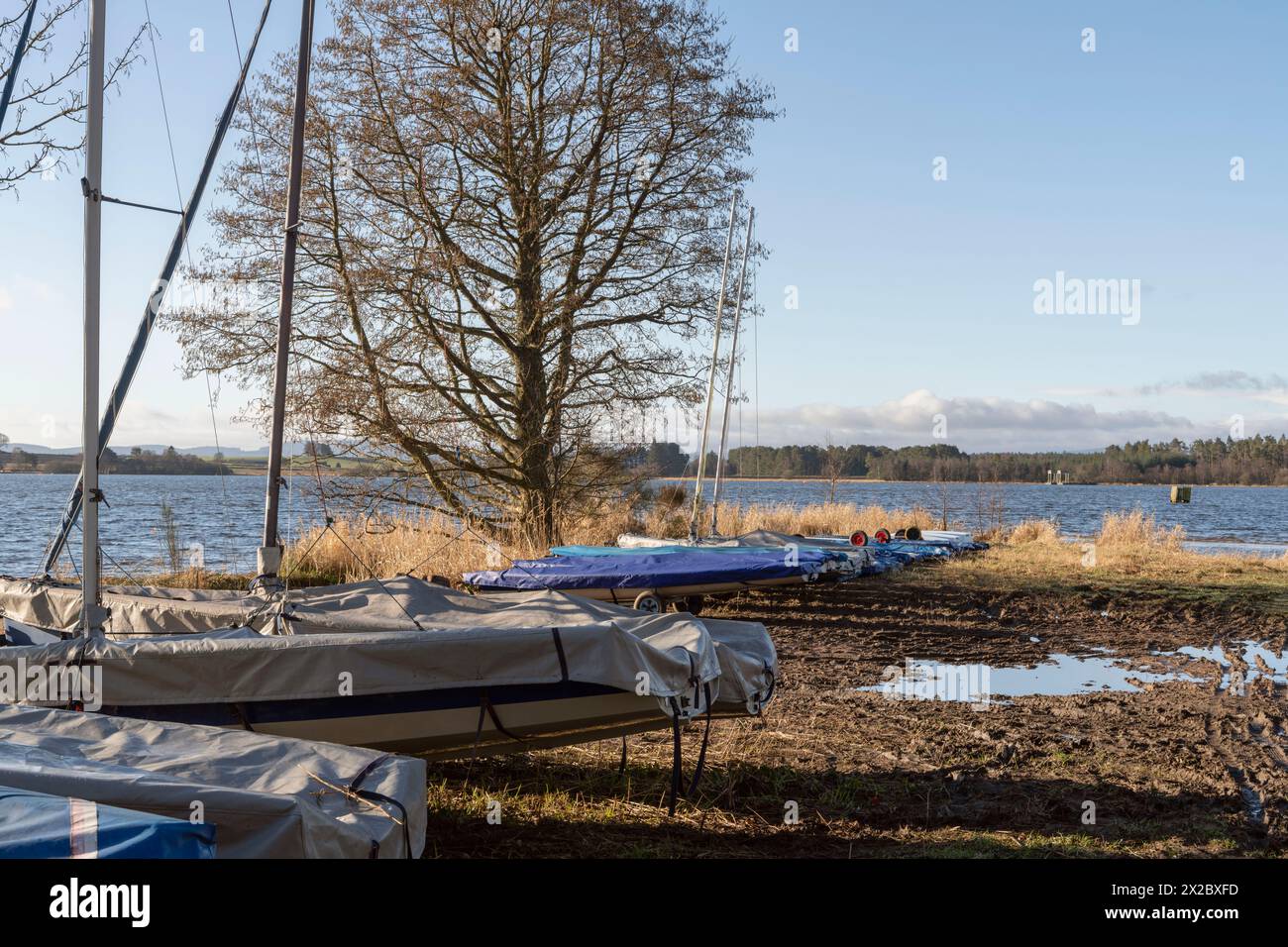 I gommoni a vela parcheggiavano sulla riva del lago di Skene nell'Aberdeenshire all'inizio della primavera Foto Stock