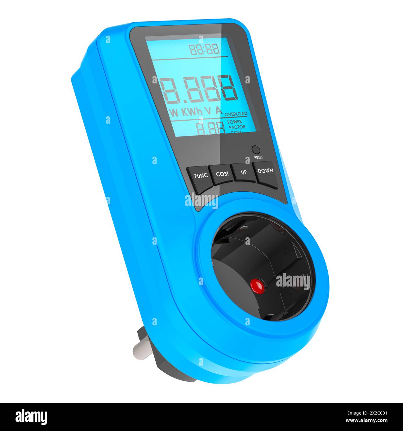 Misuratore di watt blu, misuratore di potenza con connettore femmina a innesto, calcolatore automatico dei costi, rendering 3D isolato su sfondo bianco Foto Stock