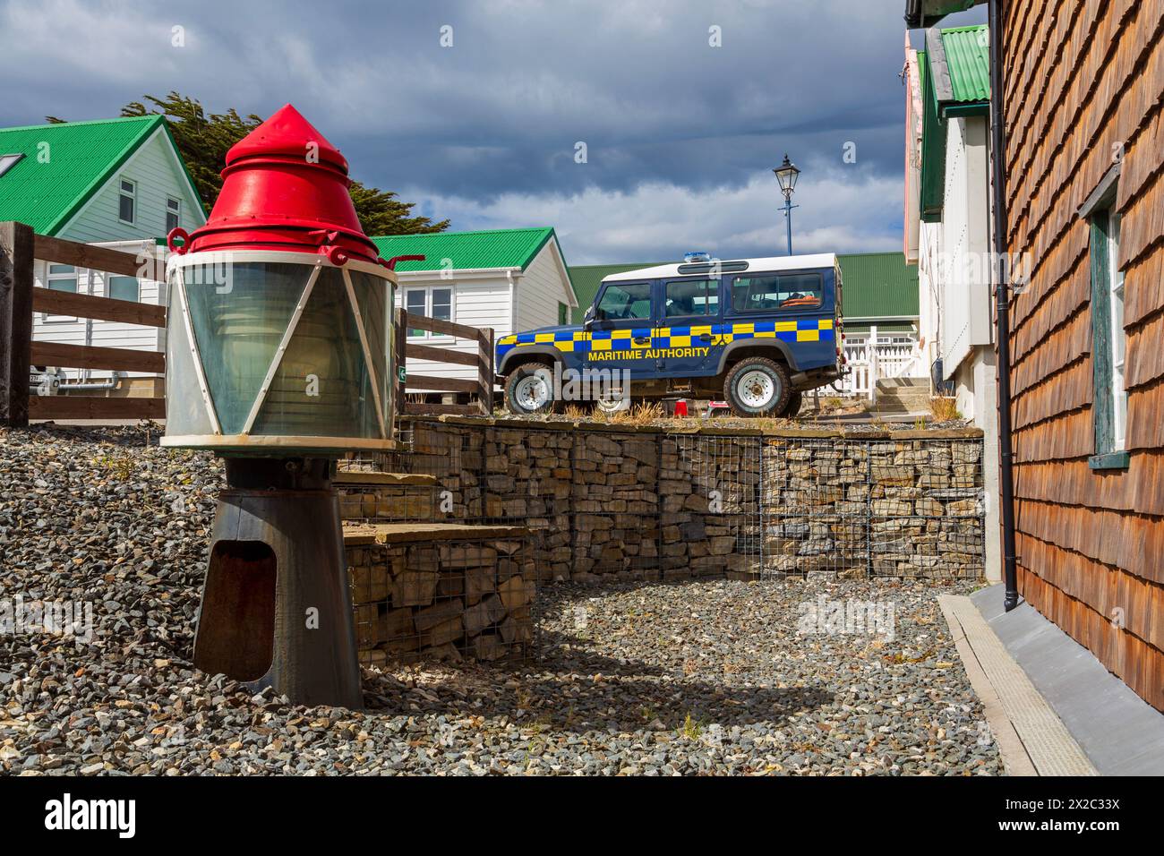 Lente del faro di Engineer Point, Historic Dockyard Museum, Port Stanley, Isole Falkland, Regno Unito Foto Stock
